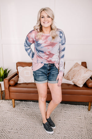 All Over The Road Tie Dye Top In Denim/Mauve