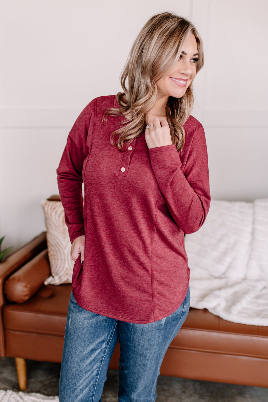 On The Button Long Sleeve Top in Burgundy