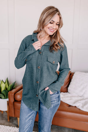 Brush Your Cares Away Button Up Top In Hunter Green