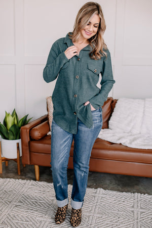 Brush Your Cares Away Button Up Top In Hunter Green