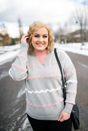 Return To Sender Sweater In Soft Gray & Pink