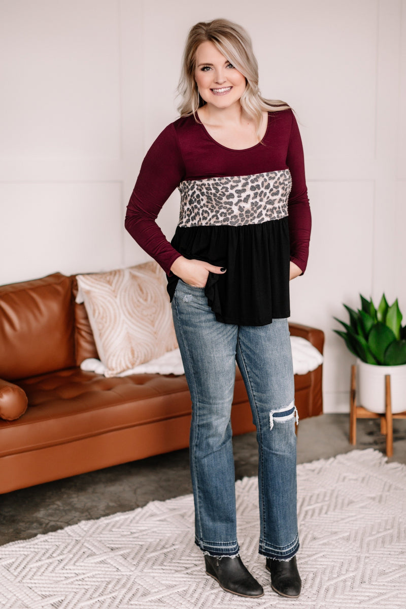 Take A Moment Color Block Animal Print Top