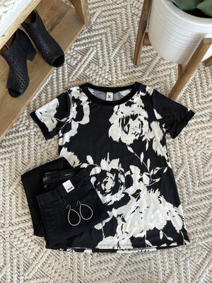 It's All Abstract To Me Black & Ivory Floral Tee